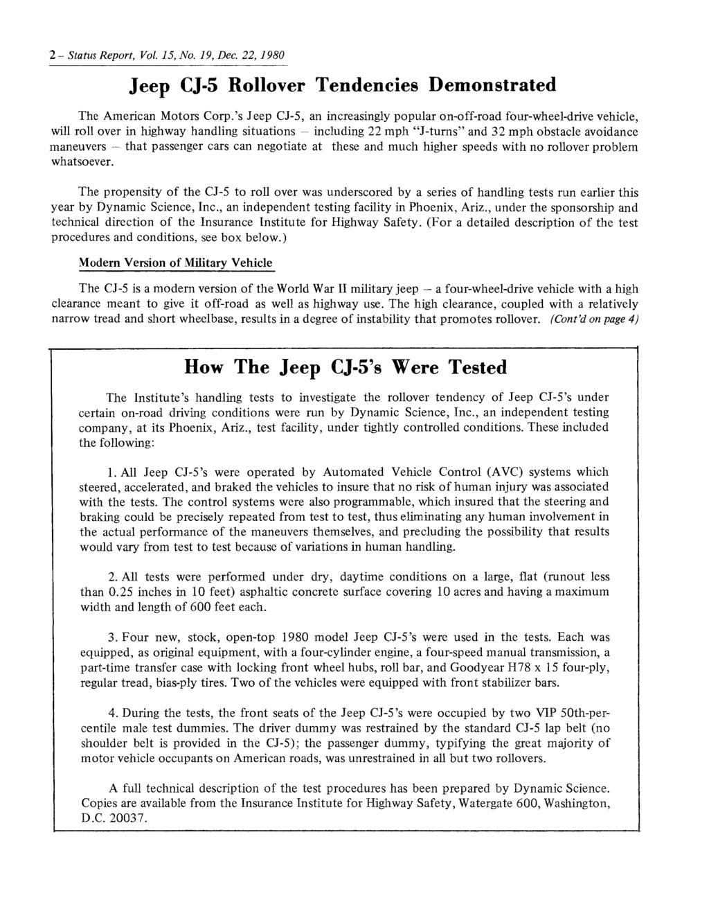 2 Status Report, Vol. 15, No. 19, Dec. 1980 Jeep Rollover Tendencies American Motors Corp.