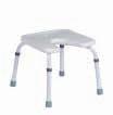 Seat adjustable to 7 heights Round seat with water drainage holes Light grey rubber feet without suction pads DH-242 Shower stool with hygiene cutout and