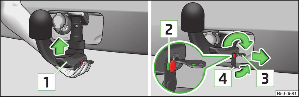 Always adjust the ball head in the ready position before fitting. Turn the key so that its red mark 1» Fig. 103 is visible. Grip the ball head below the protective cap 2.