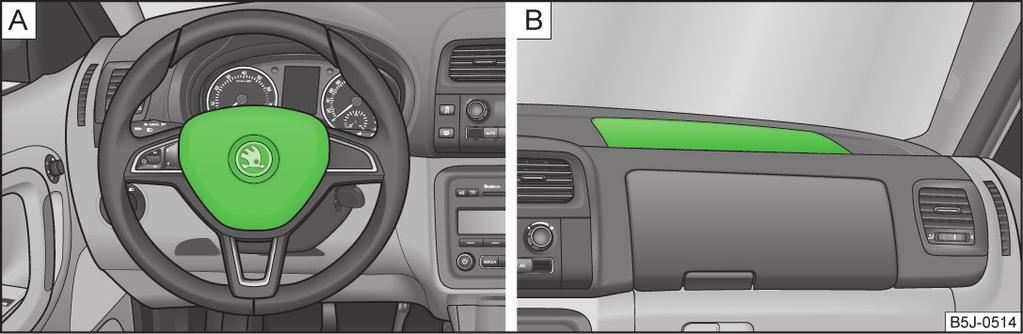 Front airbags Fig. 113 Driver airbag in the steering wheel/front passenger airbag in the dash panel Fig.