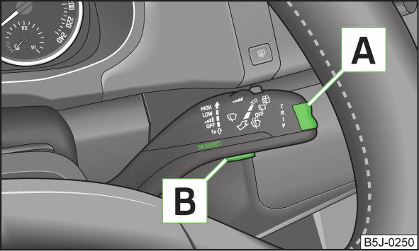 Operation Fig. 6 Multifunction display: Control elements on page 11. The rocker switch A» Fig. 6 and the button B are located on the windscreen wiper lever. Select memory Press the button B» Fig. 6. Selecting functions Briefly press the rocker switch A» Fig.
