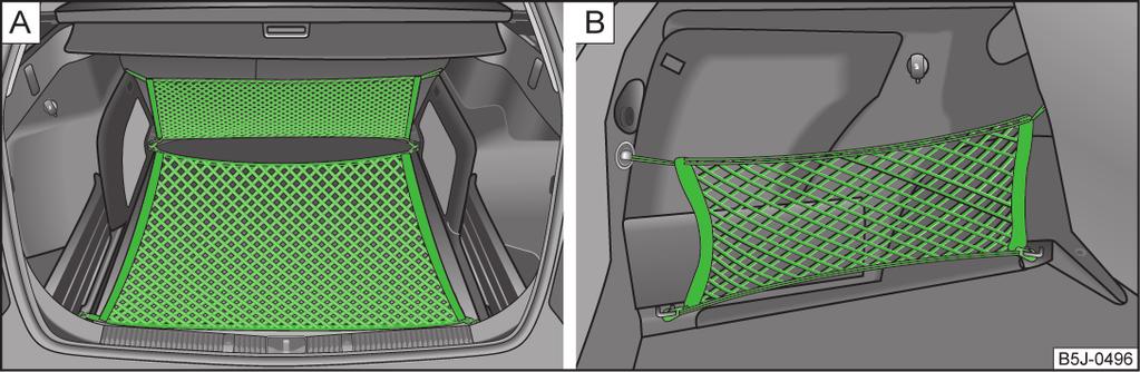 Folding hooks for attaching small items of luggage, such as bags etc., are provided on both sides of the boot» Fig. 46. CAUTION CAUTION The maximum permissible load of the fixing nets is 1.