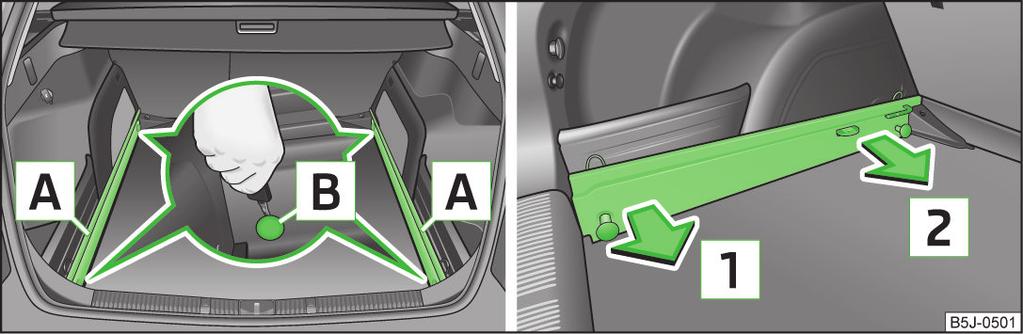 Fold up the variable loading floor in the direction of the arrow 1» Fig. 52 and remove by pulling in the direction of the arrow 2» Fig. 52. Install Fold up the variable loading floor and place it on the carrier rails.
