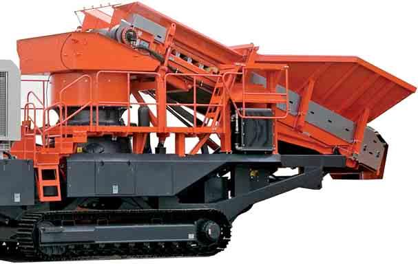 Feed hopper is positioned for feeding directly from a front loader or primary crushing unit.