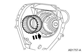 Install the reverse clutch hub and the low one-way clutch assembly over the low/reverse one-way clutch inner race by pressing the hub inward and rotating it clockwise to seat fully. 9.