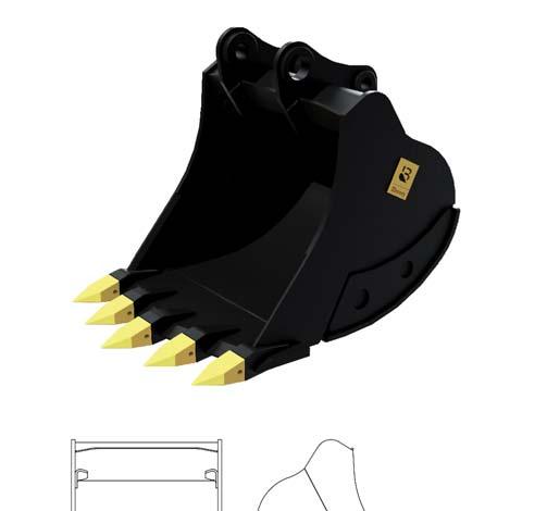 DEEP ROCK BUCKETS CLASSES 6-8 12 Deep rock buckets are made from welded S355J2+N steel and are finished with HARDOX 450 main and side blades, adapters and the CAT tooth system.