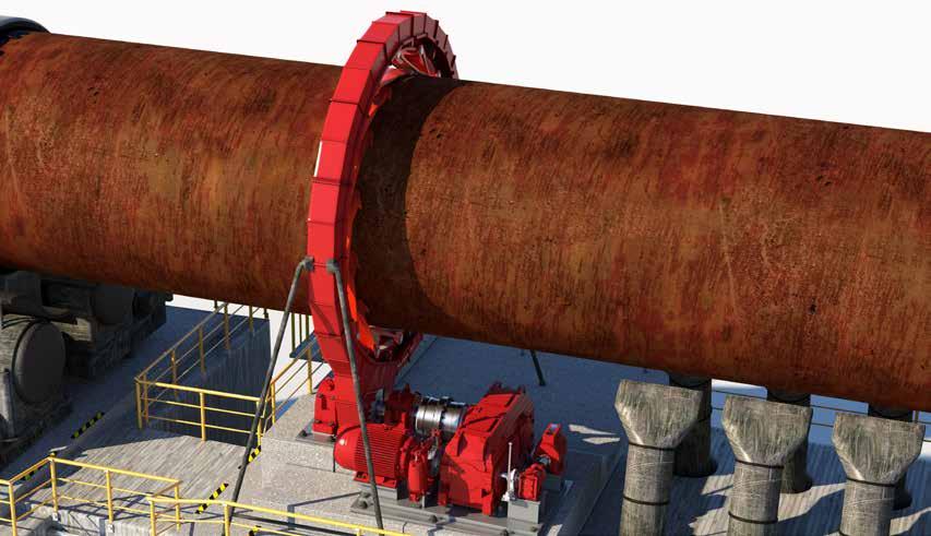 16 5 Clinker production Rotary kilns Main gear units up to 22,000,000 lb-in Auxiliary drives Various couplings Girth gears (with leaf spring coupling) Pinions Covers and seals Rolling bearing systems