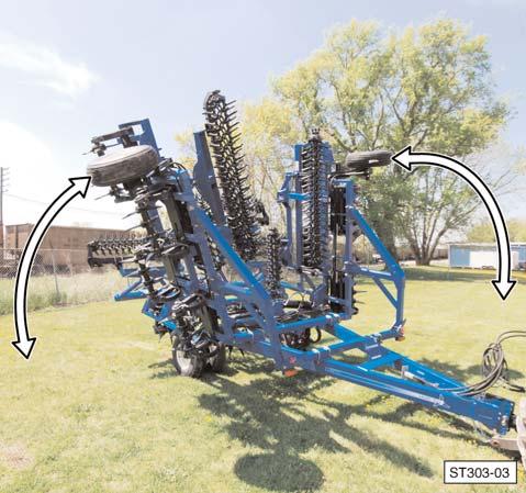 4. Activate the tractor hydraulic system to: a. Completely lower the Smart-Till into field position (wheels retracted). b. Completely raise the Smart-Till into transport position (wheels extended). c.