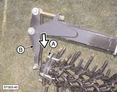 7. If the harrow chain seems loose or appears to sag in the center, increase the harrow chain tension. a. Loosen lock nut (A) on threaded tension rod (C). b.