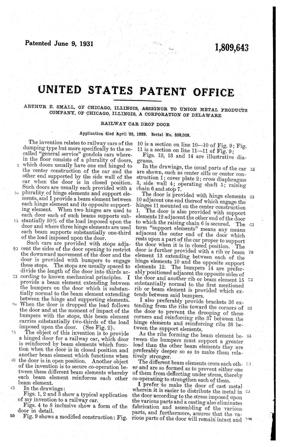 Patented June 9, 1931. 50 it 5 UNITED STATES PATENT office ARTHUR E. SMALL, OF CHICAGO, ILLINOIs, AsSIGNOR.