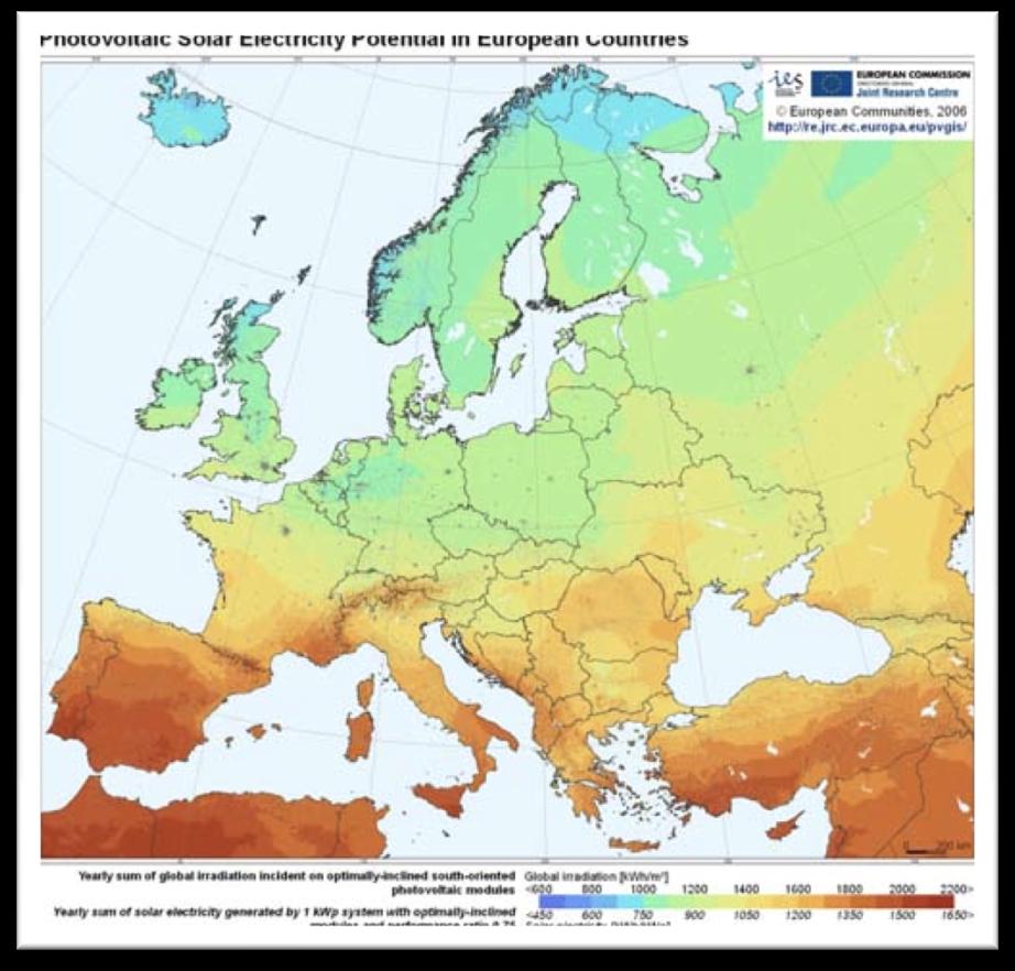 Päikeseenergia jaotumine 1 kw PV paneele toodab Eestis ja Kesk Saksamaal aastas arvestuslikult sama palju elektrienergiat, ca.