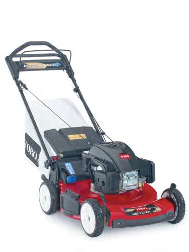 This mower features a unique, tapered deck design with a generous discharge tunnel that promotes