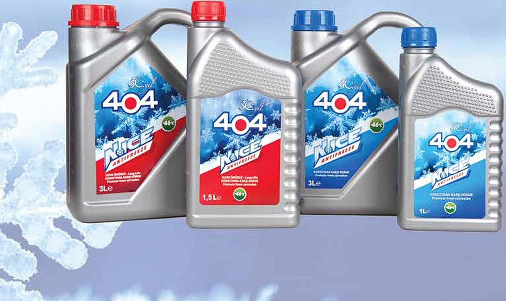 404 NİCE ANTIFREEZE 404 N.Ice protects gasoline, diesel and LPG powered vehicles against freezing in the winter and boiling in summer thanks to its triple effect protection. 404 N.ICE ANTIFREEZE PRODUCT NAME PACKAGE COLOR PIECES IN A CARDBOARD 404 N.