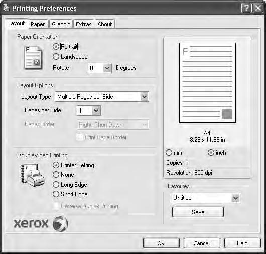 Jeziček Layout Jeziček Layout ponuja možnost za prilagajanje izgleda dokument na natisnjeni strani. Layout Options vsebuje Multiple Pages per Side, Poster Printing in Reduce/Enlarge.