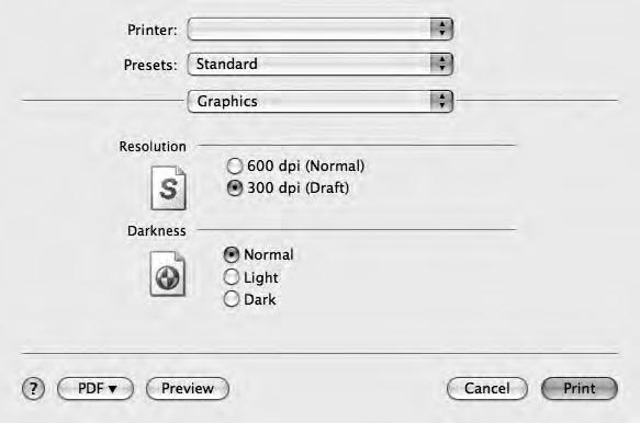 Graphics Jeziček Graphics nudi možnost za izbiranje Resolution(Quality) in Darkness. Za dostop do grafičnih funkcij izberite Graphics iz padajočega seznama Presets.