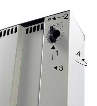 Unscrew the screw in the DC-switch and remove the knob. 2. Unscrew the 2 screws holding the cover in place. 3. Pull the cover upwards. 4. Tilt and pull up and away from the inverter. 5.