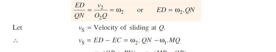Similarly, the velocity of point Q, considered as a point on wheel 2, along the common tangent TT is represented by ED.