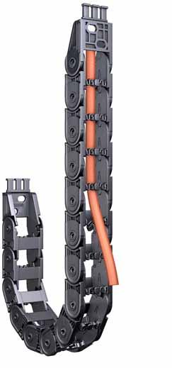 links made of plastic Extensive unsupported length Connecting pieces with integrated strain relief comb Intelligent 2-shot-design: hard cable carrier body, flexible lamella crossbars Gentle on the