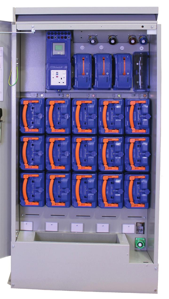 Transformer disconnectors padlocked off with the link bars in place. Standby generator cables fitted to the Veam Powerlock sockets. The earth socket is mounted at the bottom of cabinet.