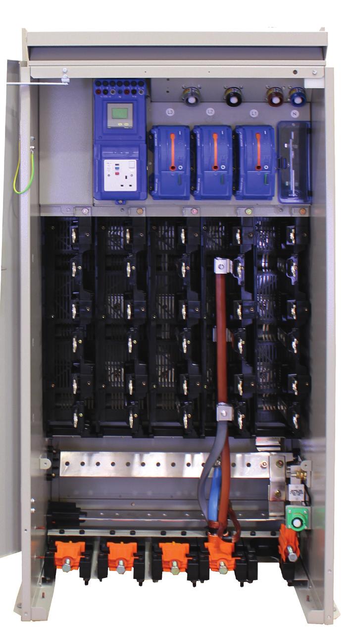 The instrument panel consolidates the digital multi meter, auxiliary fuses and generator synchronisation sockets in one compact panel. Widely spaced phase terminations.