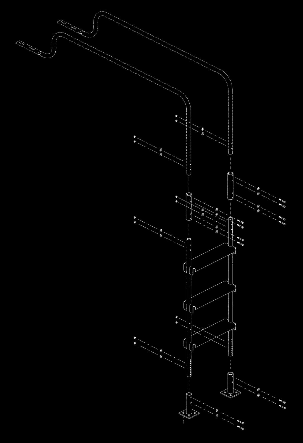 The ladder mounts to the floor and to the pinspotter, and the steps mount to the pinspotters between pinspotter pairs (for example, between pinspotters 2 and 3, 4 and 5, etc.).