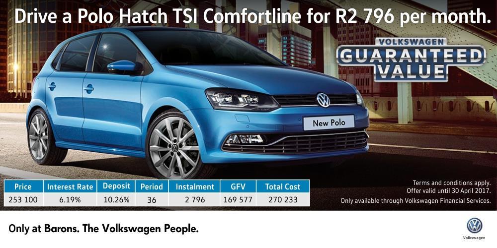 Polo Vivo Comfortline (VGV Offer) Polo Hatch 1.2 TSI Comfortline Deposit Period Instalment GFV 253100 6.19% 10.26% 36 2 796 169 577 270 233 Linked to FNB prime rate, currently 10.5%.