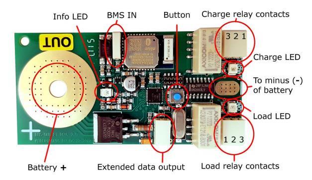 OUT BOARD Battery + To minus (-) of the battery Info LED Load LED Charge LED BMS IN Button Charge relay contacts Load relay contacts Extended data output Mount hole for the 'plus'-pole of the cell.