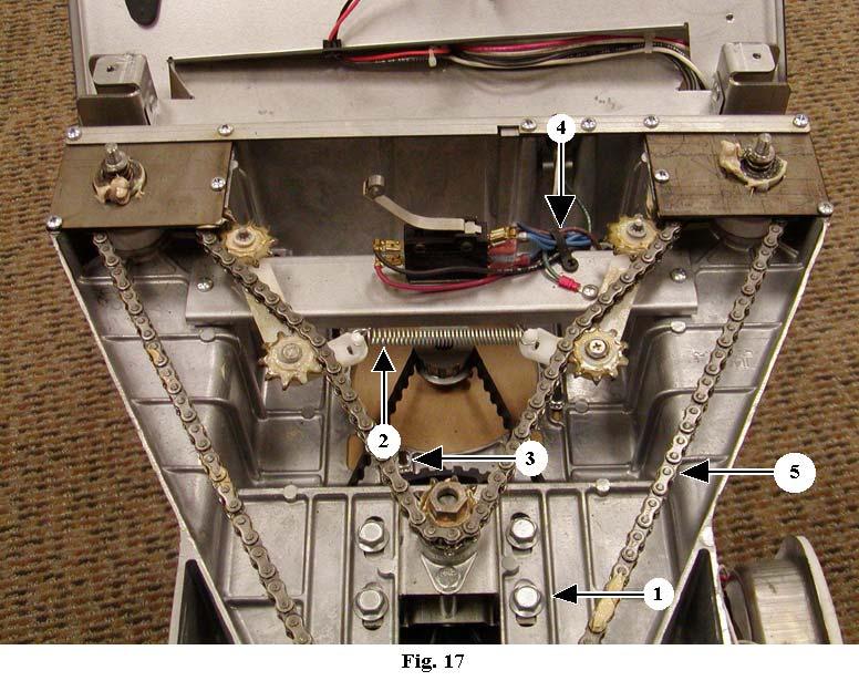 MOTOR SPROCKET AND DRIVE PULLEY ASSEMBLY (Fig.17) 1. Remove top, top frame cover plate and one side panel. 2.