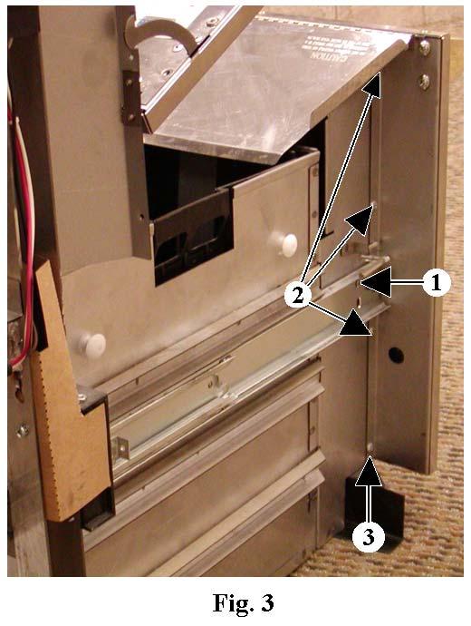 2. Slide panel insert out through opening in top of litter bin door. 1. Remove drawer. 2. Stand drawer on rear and remove the three trim panel retaining screws (1) from bottom of drawer. 3.