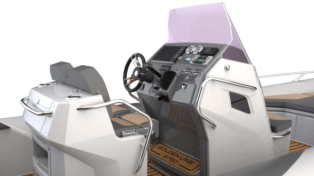G750 Detailed Overview Mid-Section The newly designed steering console is centrally positioned for optimal balance, drivability and sea keeping performance.