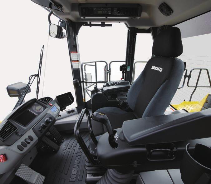 First-Class Comfort Increased comfort In the wide Komatsu SpaceCab, a standard air-suspended highback seat, heated and ventilated for improved comfort and with fully adjustable armrests, is the