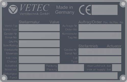 Description of the nameplate 1 Ventil Typ / valve type 12 Schallmaßnahme, falls vorhanden / noise reduction if applicable 2 Ventil Serien-Nr. / valve serial no. 13 Entfällt / n.a. 3 Baujahr/year of manufacture 14 Entfällt / n.