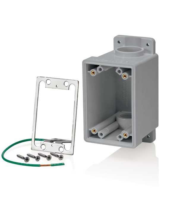 environments n Stainless steel device mounting plate with attached ground wire facilitates mounting of single receptacles and toggle switches n  FDBX1-GY Dual-hasp n provides additional
