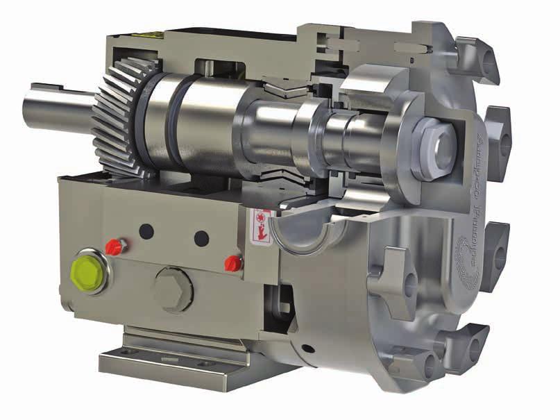 Separate oil chamber for gears using anti-microbial lube Helical timing gears for increased load carrying capacity and reduced noise Tapered roller bearings maintain axial forces for equal support in