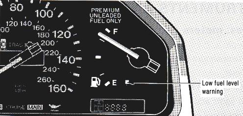 FUEL GAUGE ENGINE TEMPERATURE GAUGE Overheating Normal range Low fuel level warning The gauge is displayed when the ignition switch is on and indicates the approximate quantity of fuel remaining in