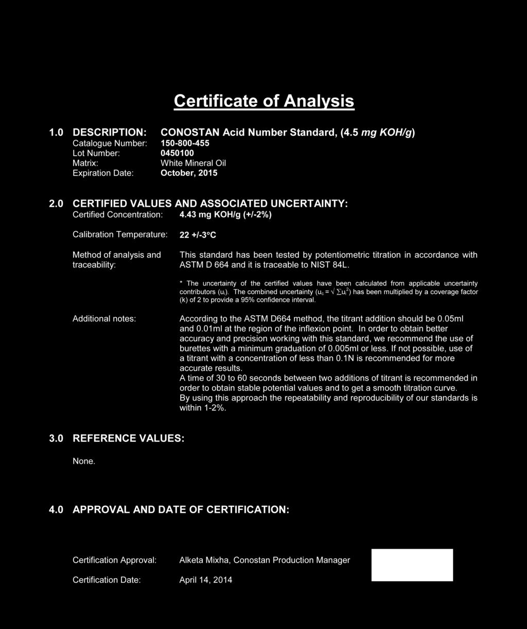 236 SCP SCIENCE TAN Standards Certificate of Analysis Reference Material Producer CERT# 2885.