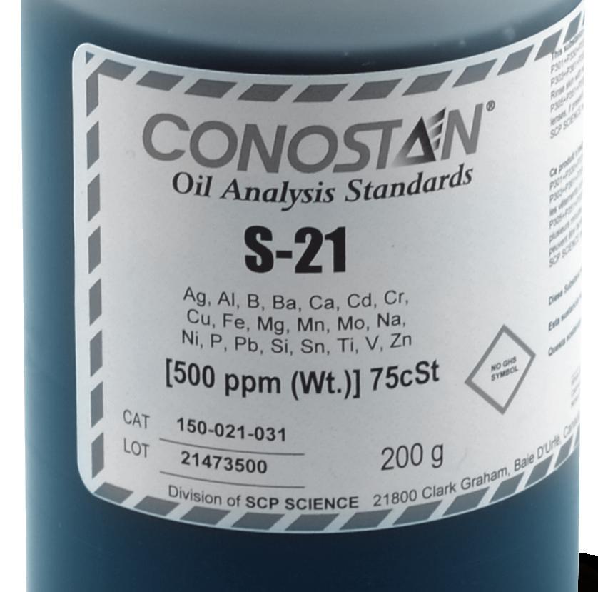 SCP SCIENCE 215 metallo-organic standards Features 21 or 12 element blends in 75 cst mineral oil Range of stocked concentrations ISO 17025 compliant Certificate of Analysis stating certified