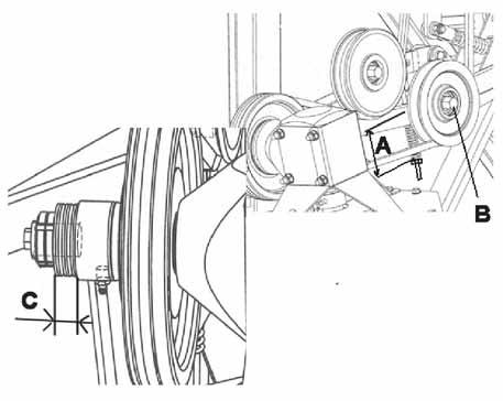 Adjustments are made by moving the spring hook to another can be changed to align the belt between the jockey pulley and the return auger. The overload clutch is located at the top of the auger.