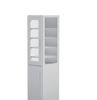 fixed stainless steel shelf divided in two heights, upper part with glass wing door and glass sides, and lower part with full wing door doors with lock and handle upper part with four adjustable
