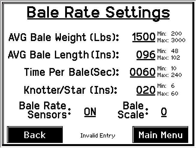 BALING RATE After pushing the SETUP MODE key in the Main Menu screen, the top screen should appear: 2 
