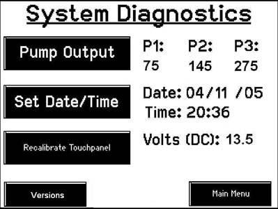 DIAGNOSTICS After pushing the DIAGNOSTICS key in the Main Menu screen, the following screen should appear: 1 2 3 5 6 4 7 The diagnostic mode will automatically check the pump output and performance