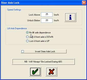 Setting Auxiliaries - Steer Axle Lock Example Steer Axle Lock (AUX 1,2 & 3) The following screen will appear modify the values as required.