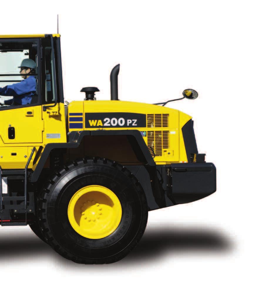 NET HORSEPOWER 94 kw 126 HP @ 2000 rpm New Komatsu Parallel PZ Linkage OPERATING WEIGHT 11465-11530 kg 25,275-25,420 lb Parallel movement in both fork and bucket applications Excellent visibility of