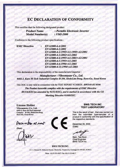 Certificate of patent - High frequency concrete vibrator with built-in inverter Certificate of patent -