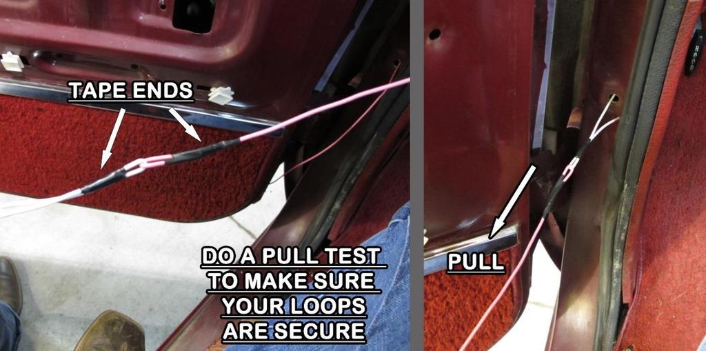 3. Loop the end of the fish wire nearest the grommet with the end of WHITE #961. Make sure that neither the fish wire nor WHITE #961 is wrapped around the dash or emergency brake.