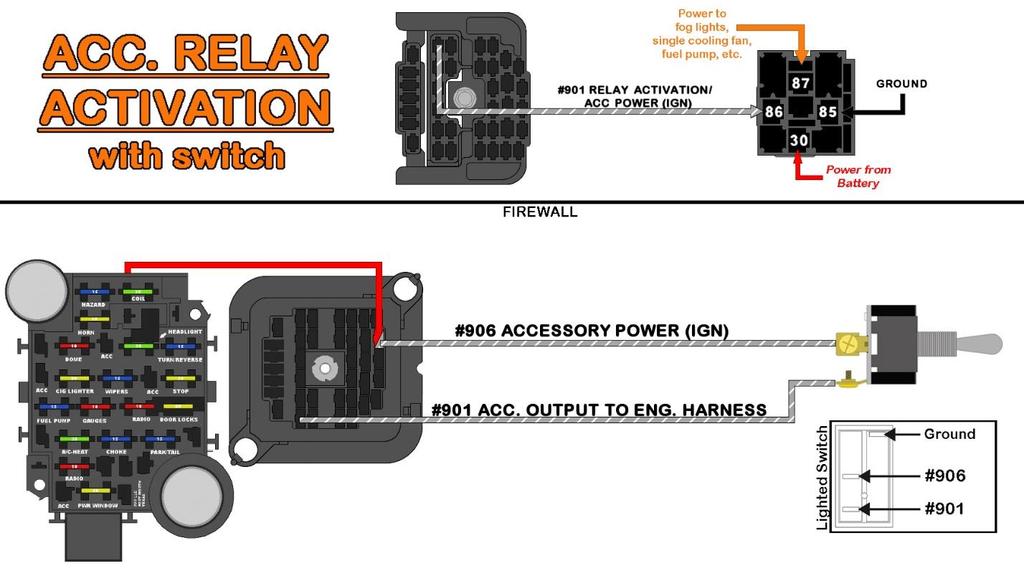 If you are installing a relay that will operate an electric fuel pump, water pump, fog lights, or some other component that you want to activate with a toggle/rocker switch, then: Connect #906 to the