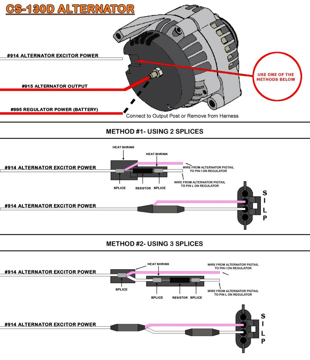 Both diagrams accomplish the same task: they use the WHITE #914 ALTERNATOR EXCITOR POWER wire to provide a switched power source and a resisted power source to