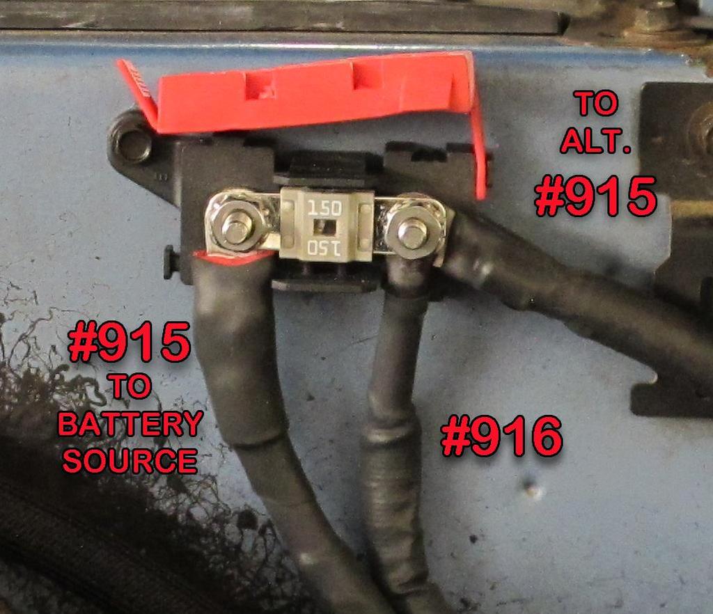 The length of excess wire cut from the #915 wire will be used to connect the other side of the fuse to the + side of the vehicle s battery or to the battery post on the starter solenoid.