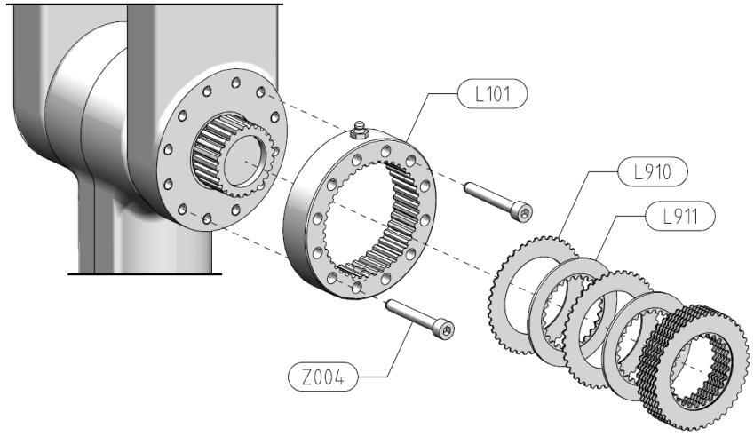 3.2.4 The brake kits INSTALLING A SPRING LOADED BRAKE L / S / X 1) Position the toothed ring (L101) in the correct position using two attachment screws (Z004).