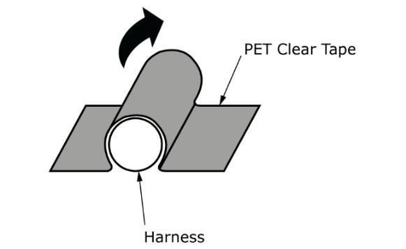 13 When taping PET Clear tape to glove box, ensure it is wrapped up and over harness as shown. Fig. 14 8) Securing harness.